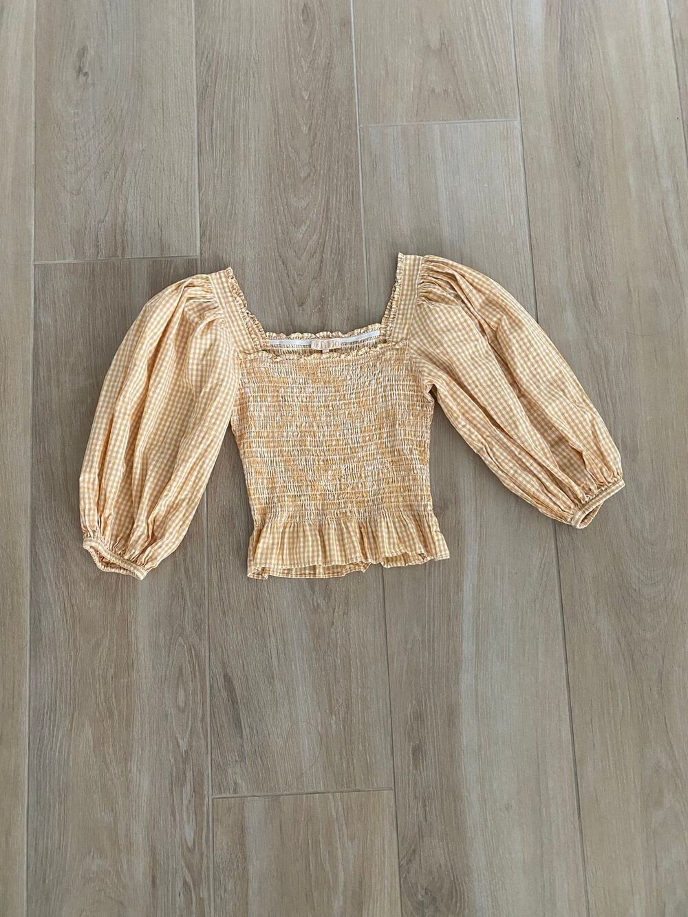 by TiMo Gingham Blouse Puff Sleeves Smocked Size XS